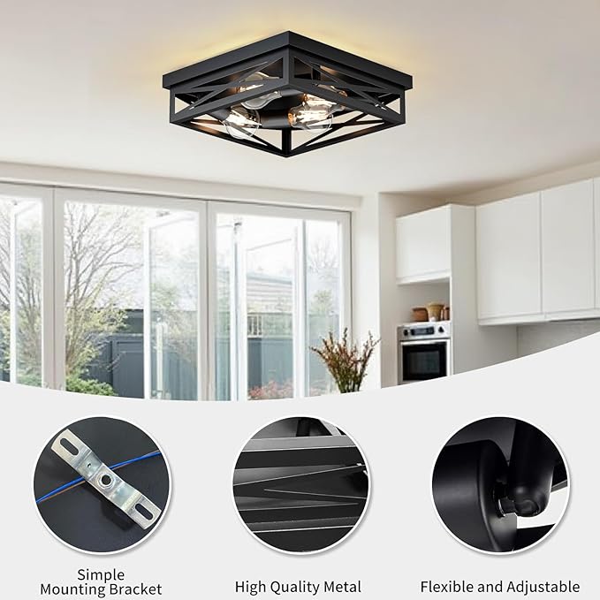 LVWIT 13.8 Inch Flush Mount Ceiling Light Fixtures, 4-Light Black Light Fixtures Ceiling Mount, Square Hallway Light for Kitchen Entryway Hall (E26 Base, Bulbs Not Included)
