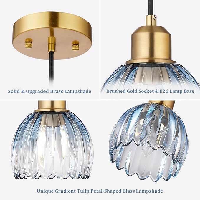 TALOYA Pendant Light with Blue Tulip Glass Lampshade, Brass Vintage Pendant Light Adjustable Hanging Light for Kitchen Island Bedroom Dining Room Hallway& Bar