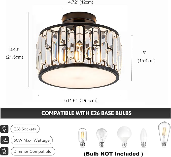 Black Crystal Ceiling Light Fixture - Modern Semi Flush Mount Chandelier with K9 Crystals for Bathroom Bedroom Entryway Hallway Closet 1 Light 11.6" Diameter