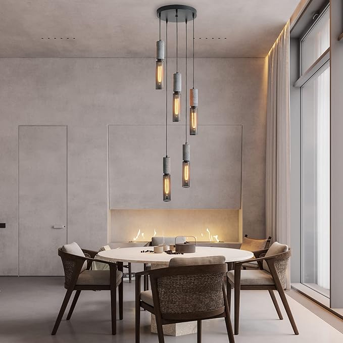 5-Light Concrete Linear Pendant Light with a Metal Mesh Shade,Modern Industrial Hanging Cement Pendant Lighting for Kitchen Island Bedroom Living Room Dining Room Light Fixture