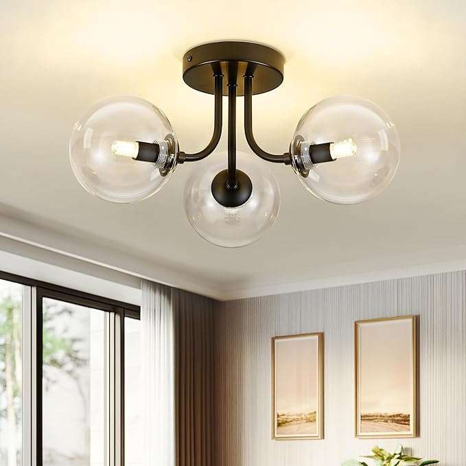 3-Globe Black Flush Mount Ceiling Light in a Modern Farmhouse Design is Ideal for Living Rooms, Matte