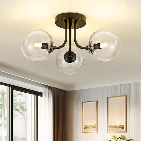 3-Globe Black Flush Mount Ceiling Light in a Modern Farmhouse Design is Ideal for Living Rooms, Matte