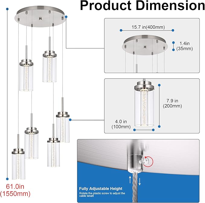 MELUCEE 6-Light Modern LED Pendant Light Fixtures with 3000K-6000K Adjustable Color Temperature Brushed Nickel Kitchen Pendant Lights Ceiling Hanging Chandeliers for Dining Room Kitchen Island