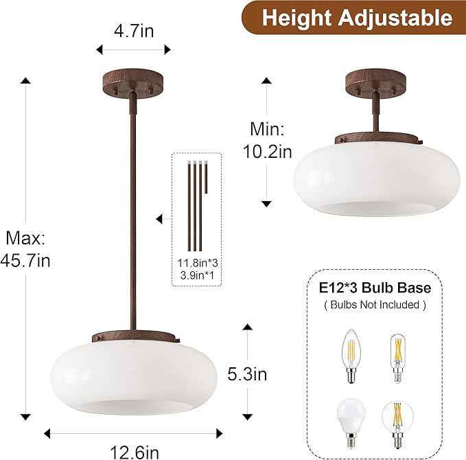 Mid-Century Modern Faux Walnut Wood Semi Flush Mount Ceiling Light, 3-Light Kitchen Light Fixtures with Glass Shade for Entryway Hallway Bathroom Bedroom (12.6 Inch)