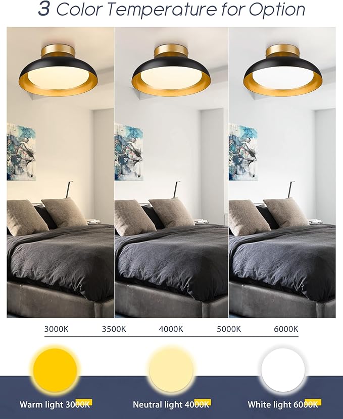 kudos Flush 12-inch LED Light Fixture, Black and Gold Finish, 12W/1200lm for Bedroom, Hallway, 3000K/4000K/6000K Adjustable, KDCL01-BK