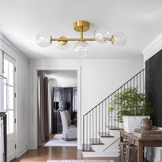 Modern Globe Glass Ceiling Light: 27 Inch Semi Flush Mount Light with Hammered Clear Glass Shade - 5 Lights Gold Ceiling Lighting Fixture - Dimmable Linear Chandelier for Bedroom Living Room Entryway
