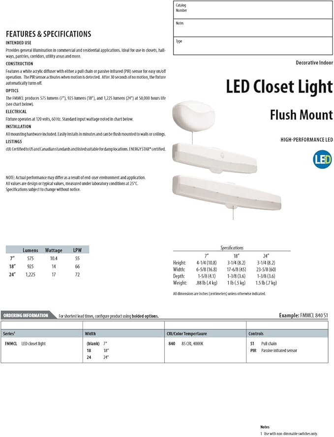 Lithonia Lighting FMMCL 24 840 PIR M4 Adjustable 24-Inch LED Flush Mount Closet Light with Motion Sensor, 1225 Lumens, 120 Volts, 17 Watts, Damp Listed, White