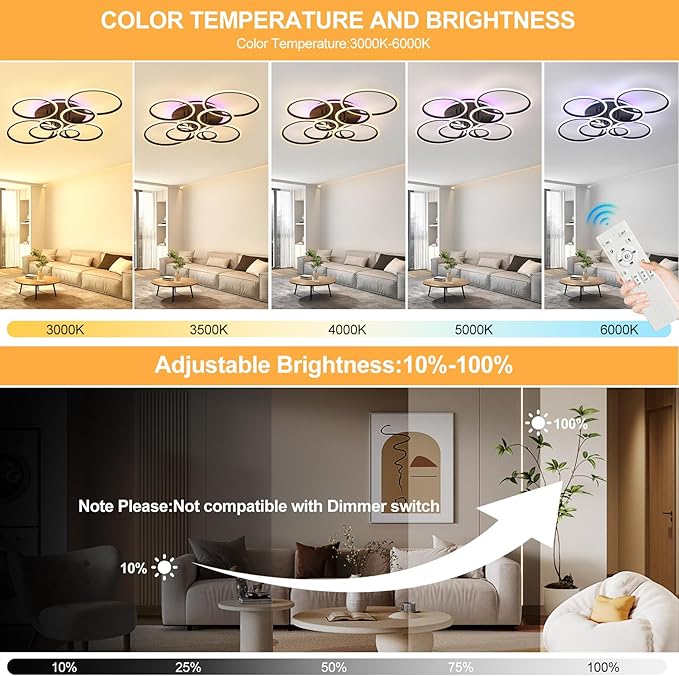 Modern LED Ceiling Light,41.3'' Dimmable Flush Mount Ceiling Lights with Remote,Acrylic Round Ceiling Lighting Fixture for Living Room Dining Room Bedroom Kitchen(Black,8 Rings,80W)