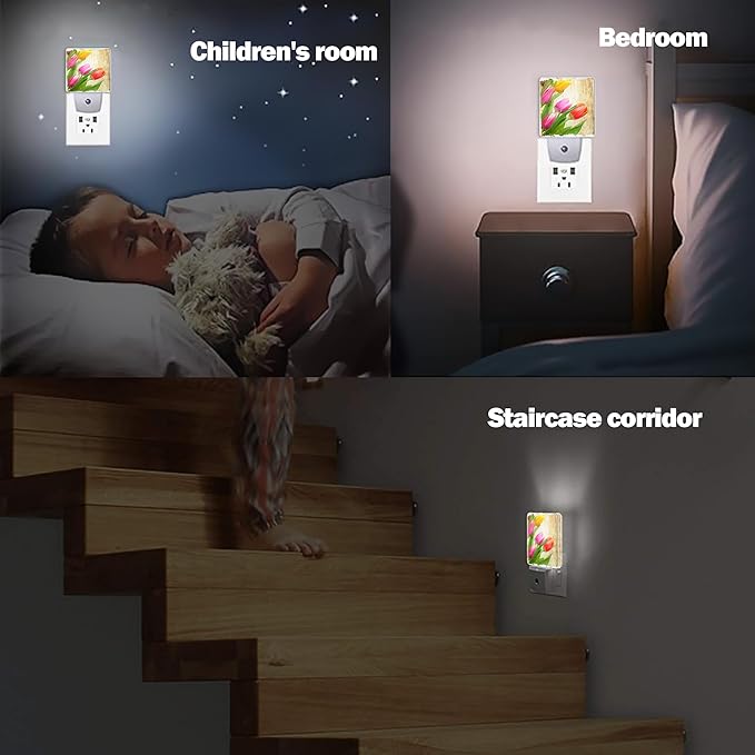 Vintage Tulips Night Light Plug in Wall Lamp Smart Dusk to Dawn Sensor for Home Decorative, Kids Room Bedroom Bathroom Kitchen Hallway Gifts