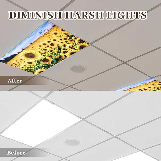 Hortsun 6 Pcs Fluorescent Light Covers - 4 x 2 Feet Magnetic Light Filters, Ceiling Lights Covers for Classroom Fluorescent Shade, Hospitals, School Office Cubicle Decor(Sunflower)