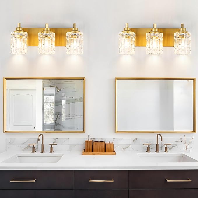 Bathroom Light Fixtures, 3-Light Brushed Gold Vanity Light Over Mirror with Crystal Glass Shades, Bathroom Wall Lights for Mirror Kitchen Bedroom Hallway Living Room