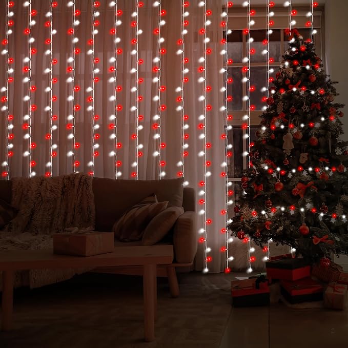 Christmas Battery Curtain Lights Red White with Remote Timer 9.8×9.8ft