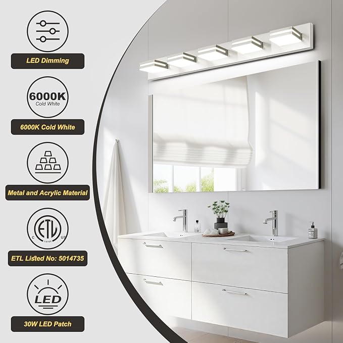 OKELI 5 Light Bathroom Vanity Light Brushed Nickel Modern 36W LED Dimmable Vanity Light Over Mirror 350° Adjustable Lamp Head Cold White 6000K ETL Listed 36.2Inch