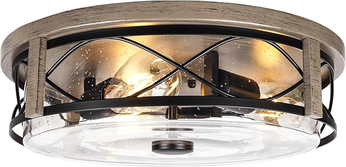 16 Inch Farmhouse Flush Mount Ceiling Light With Seeded Glass, 3-Light Wood Grain Round Lamp, Modern Large Indoor Outdoor Lighting for Kitchen Bedroom Living Dining Room