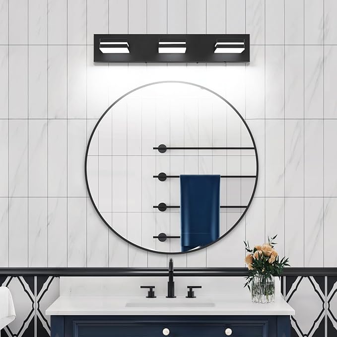 Bathroom Vanity Lighting Fixtures Over Mirror (3-Light, 24-Inch) Modern LED Bathroom Wall Lighting Fixtures, Matte Black (Cool White 6000K)