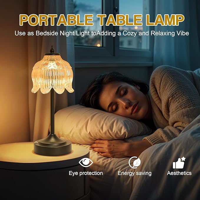 Cordless Lotus Flower Table Lamp, 5200mAh Rechargeable Battery Operated Portable Lamp, 3-Color Dimmable Touch Control Small Desk Lamp for Bedroom, Office, Kitchen, Nightstand,Room Decor(Amber-2)