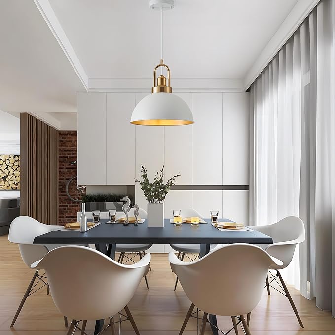 Farmhouse 11.81" White Pendant Light with Gold Finish, Industrial Metal Hanging Lighting Fixtures, Adjustable Height Dining Room Chandelier for Kitchen Island Hallway and Foyer 2 Pack