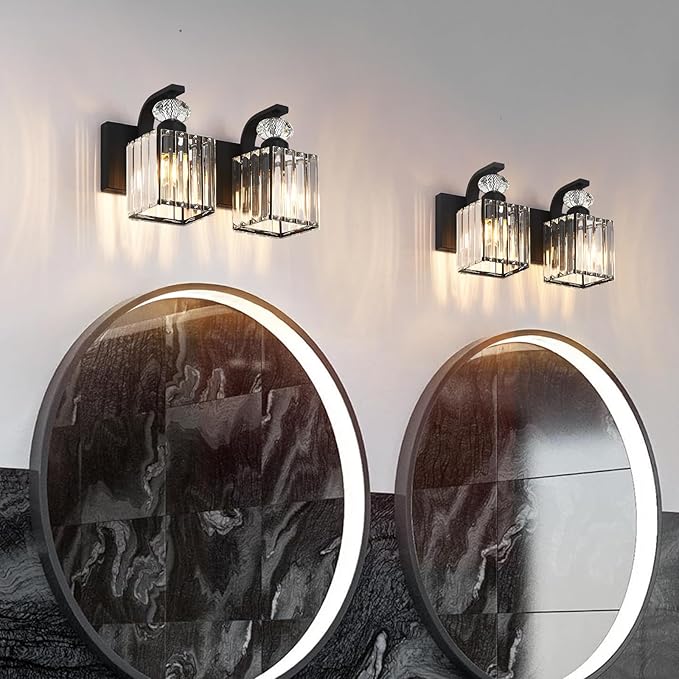 Modern Bathroom Vanity Light, 2-Light Black Bathroom Lighting Fixtures Over Mirror, 12.6" Crystal Wall Light Sconce for Bathroom/Bedroom/Vanity, Includes LED Bulbs, Easy Installation