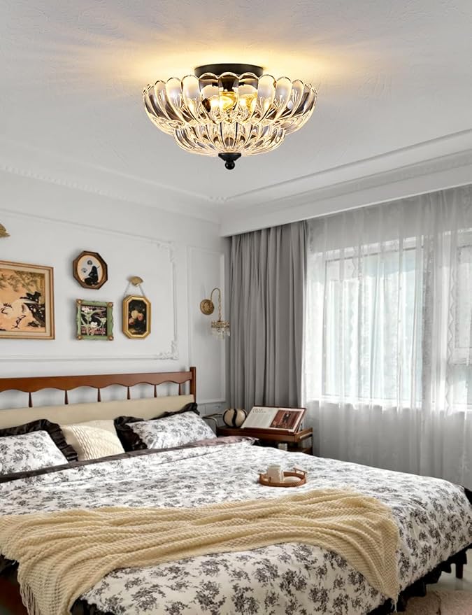 3-Light Semi Flush Mount Ceiling Light Fixture, Vintage Crystal Glass with Black Metal Frame, Modern Close-to-Ceiling Lighting for Bedroom Kitchen Living Room Hallway, E26 Base (Bulbs Not Included)
