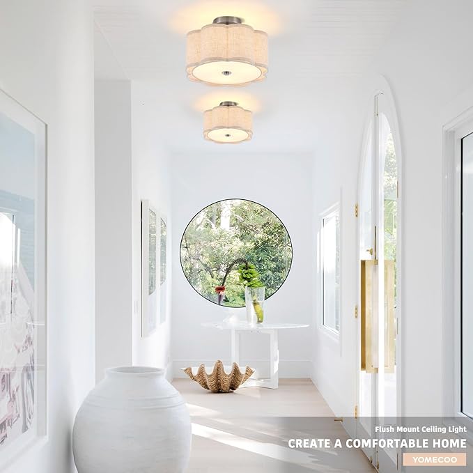 Semi Flush Mount Ceiling Light, Beige Linen Fabric Shade Ceiling Light, Chrome Modern Farmhouse Close to Ceiling Light for Bedroom, Hallway, Living Room, Dining Room, Laundry Room