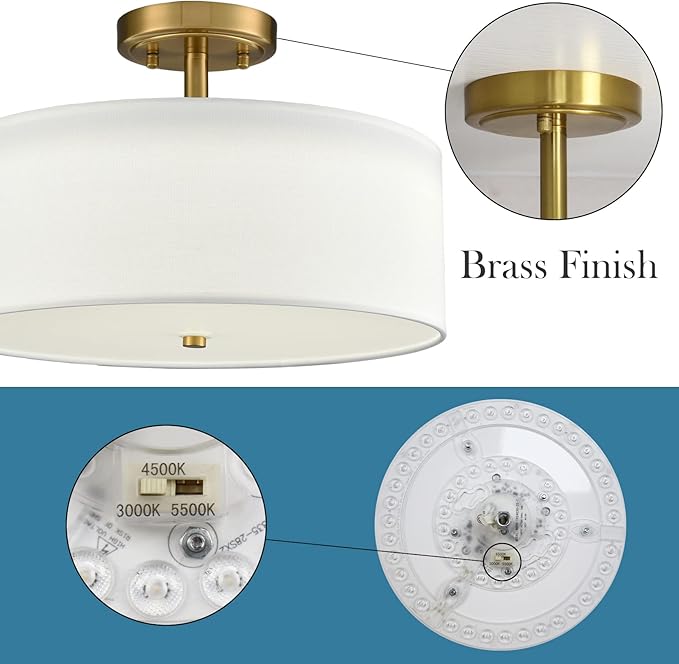 Dimmable Gold Semi Flush Mount Ceiling Light with Drum Shade Ceiling Light Fixture 30W 3000K/4500K/5500K Brass LED Flush Mount Light for Bedroom Hallway Living Room, 15-Inch