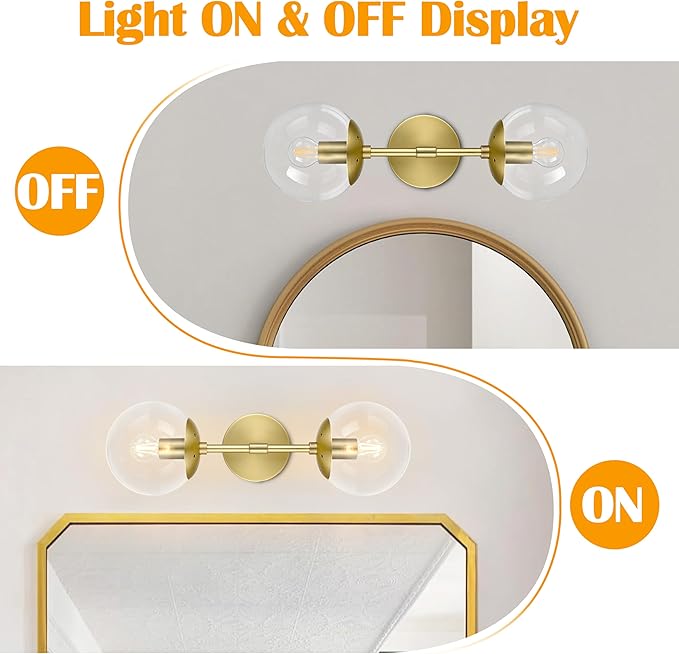 KoKo&Yukina Mid Century Modern Bathroom Vanity Light, 2 Light Globe Sconce, Gold, W 7.7'' x H 19'' x D4.7''