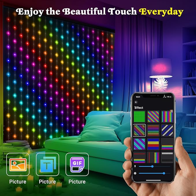 CoziTech Smart Curtain Lights 400 LED, Color Changing LED Curtains Light 6.6 * 6.6 FT, DIY Fairy String Light Curtain for Bedroom Backdrop Party Indoor Outdoor Holiday Decor (APP +Remote Control)