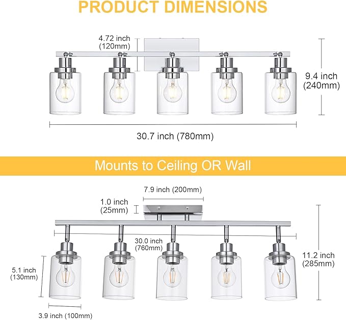 5-Light Track Lighting Kit Ceiling Kitchen Track Lighting Fixtures Chrome Bathroom Vanity Wall Lights with Clear Glass Multi-Directional Rotating Tracking Light Heads Spotlight for Accent Shop