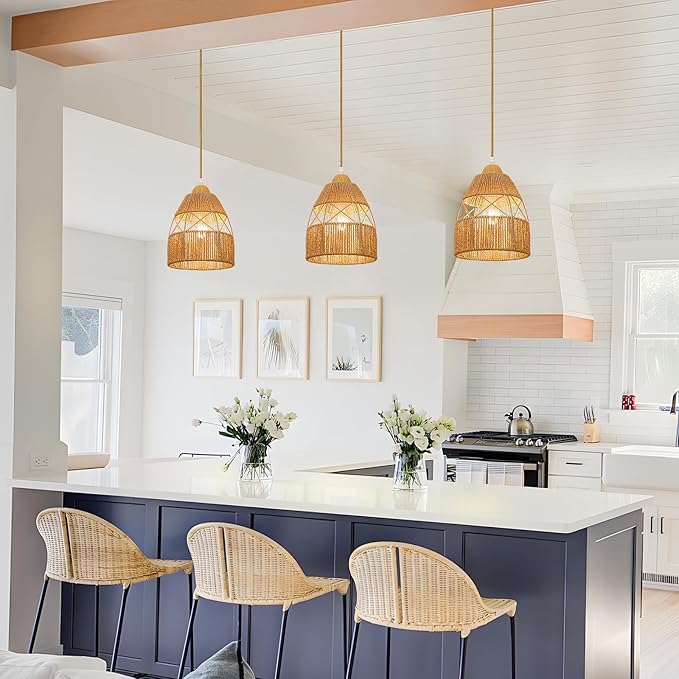 2 Pack Boho Rattan Pendant Light Kitchen Island,Farmhouse Chandeliers Adjustable Height Hanging lamp for Dining Room,Kitchen Ceiling Lights Fixtures with Hand Woven Wicker Lampshade Lighting