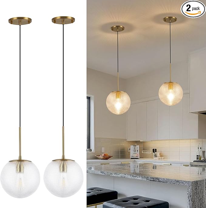 Glass Globe Pendant Light Fixtures, Mid Century Modern Ceiling Hanging Lights with Height Adjustable, Brass Gold Pendant Lighting for Kitchen Island, Hallway, Dining Room, Living Room (2 Pack)