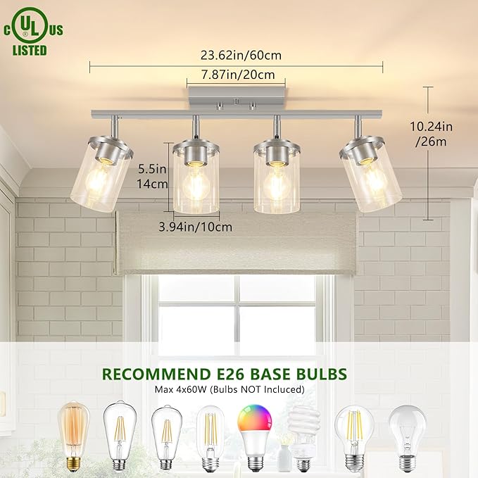FadimiKoo 4-Lights Brushed Nickel Kitchen Lighting Fixtures Ceiling, Black Semi Flush Mount Ceiling Light with Clear Glass Shades, Adjustable Close to Ceiling Lamp for Dining Room Hallway Bedroom