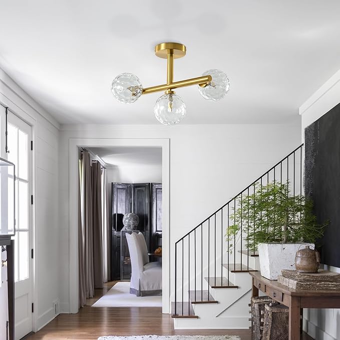 Modern Globe Glass Ceiling Light: 13 Inch Sputnik Semi Flush Mount Light with Hammered Clear Glass Shade - 3 Lights Gold Ceiling Lighting Fixture - Dimmable Linear Chandelier for Bedroom Living Room