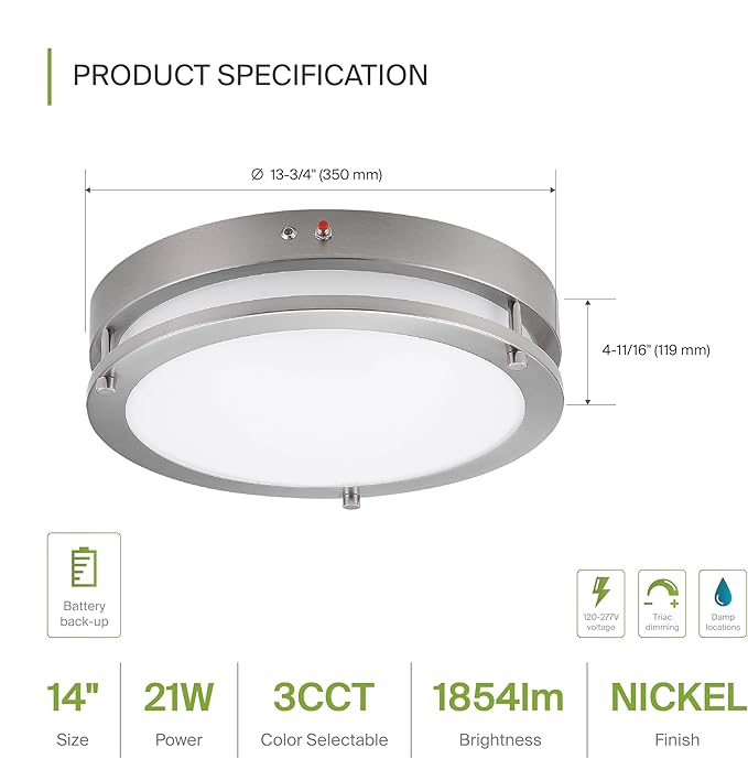 ASD LED 14" Round Flush Mount Lighting, Close to Ceiling Light Fixture | 3CCT, Dimmable, Battery Backup, ETL Listed | 21W 1854LM 3000-5000K 100-277V | Low Profile Double Ring Lamp | Nickel, 4 Pack