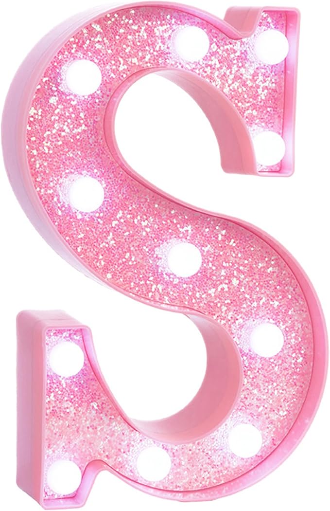 Pink Marquee Light Up Letters, Glitter Alphabet LED Letter Lights for Pink Birthday Party Decorations, Battery Operated Letter Sign for Girls Room Vanity Table Decor, Cool White Lights Letter S