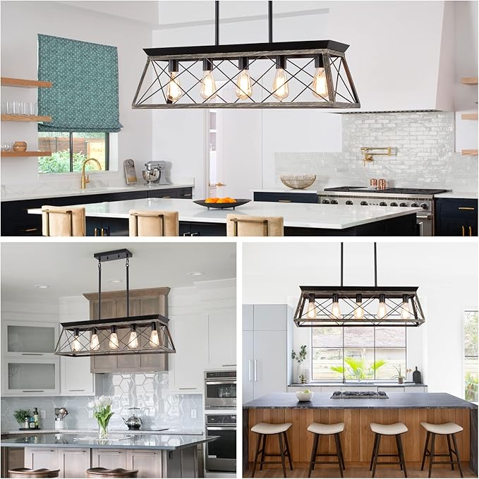 5-Light Pendant Lights Fixture, Farmhouse Chandeliers for Dining Room, Rustic Island Lights for Kitchen, Rectangular Chandelier Rustic Farmhouse Light Fxiture Gold&Black