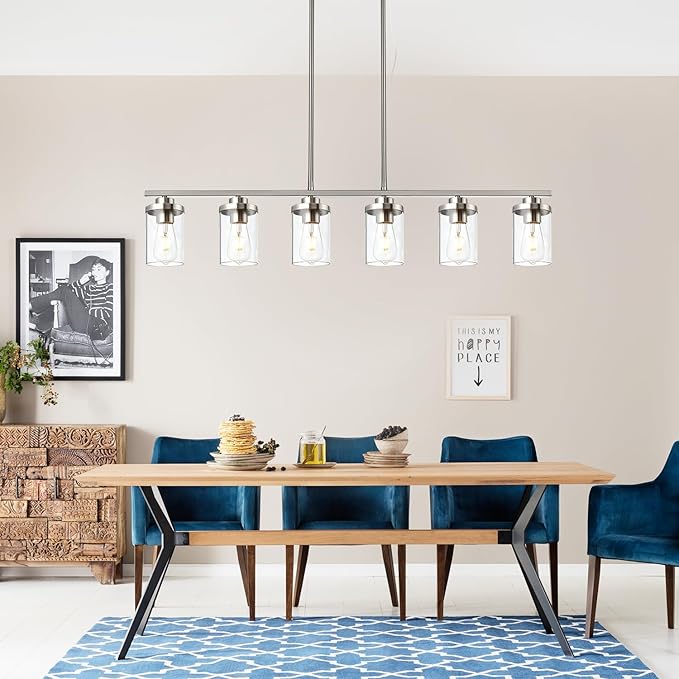 6 Light Pendant Lights Kitchen Island,Brushed Nickel Farmhouse Island Lighting Fixture Clear Glass Shade Pendant Lighting for Living Room Hallway Bedroom Dining Hall Office Bar