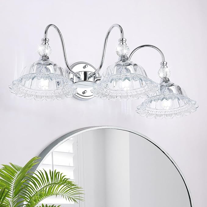 Chrome Bathroom Vanity Light Fixtures 3 Lights Vanity Lights for Bathroom with Floral Crystal Glass Shade Modern Wall Sconce Light for Mirror(Exclude E26 Bulb)