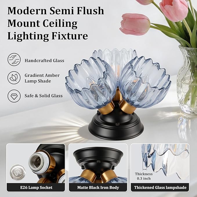 TALOYA Semi Flush Mount Ceiling Light,3-Light Close to Ceiling Light Fixtures with Blue Tulip Glass Shades Modern Farmhouse Lighting Fixtures for Hallway Corridor Kitchen Bathroom Bedroom Passway