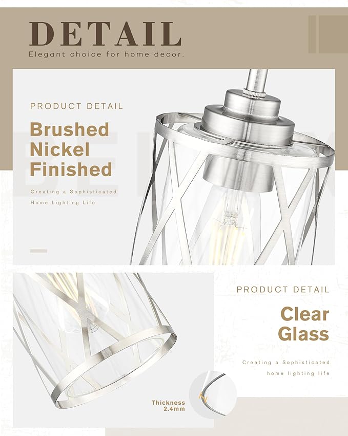 Beionxii 2 Pack Brushed Nickel Pendant Lights Kitchen Island, Glass Pendant Light Fixtures with Clear Glass and Rods, Kitchen Pendant Lighting Over Island, BX-PL07BN-2PK
