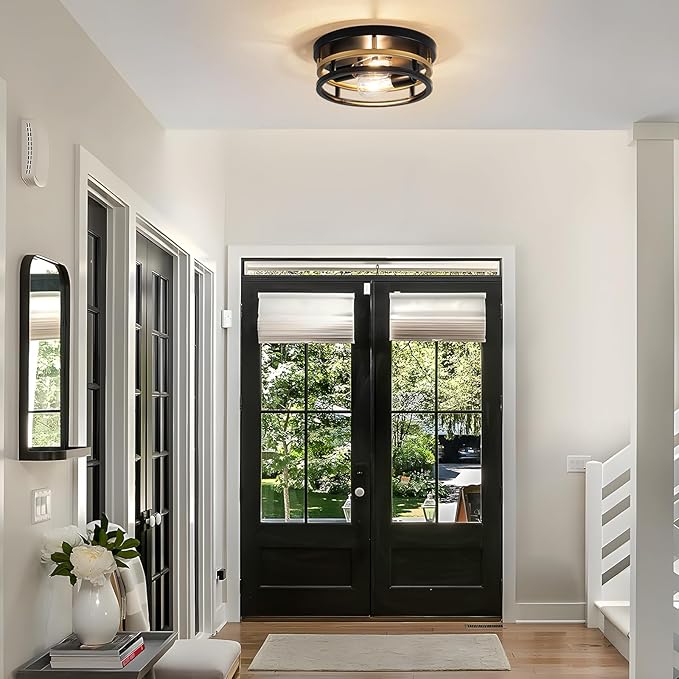 2 Light Industrial Ceiling Light Black Gold Semi Flush Mount Lights Close to Ceiling Light Fixtures,cage design Farmhouse Ceiling Lighting for Kitchen Bedroom Bathroom Foyer Hallway (E26, 2Pack)