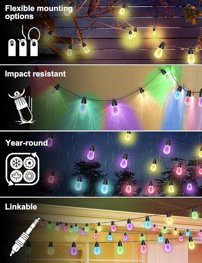 100ft String Lights for Outside, Smart RGB IC Warm White Patio Lights Outdoor Waterproof with Remote & App Control, Compatible with Alexa Great for Porch, Yard, Pergola