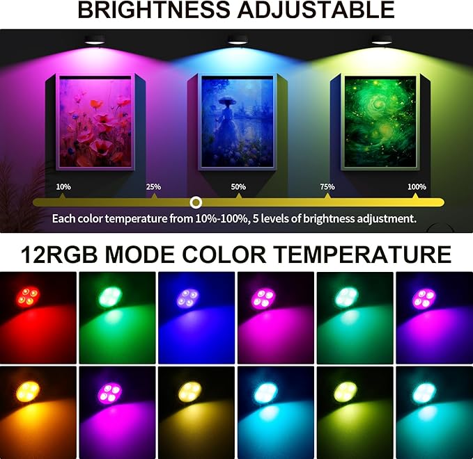 3 Pack Picture Lights for Wall, 13 RGB Color Rechargeable Battery Operated wall lights, Picture Frame lights with 3 Lighting Modes, Wireless Magnetic Painting Light with Remote Control Timer, (White)