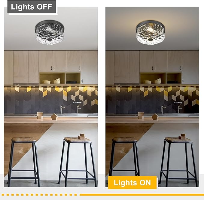 Flush Mount Ceiling Light with Water Ripple Glass Shade, Modern 2-Light Ceiling Lighting for Kitchen Living Room Porch Hallway, Industrial Black Ceiling Lamp for Lighting and Decoration