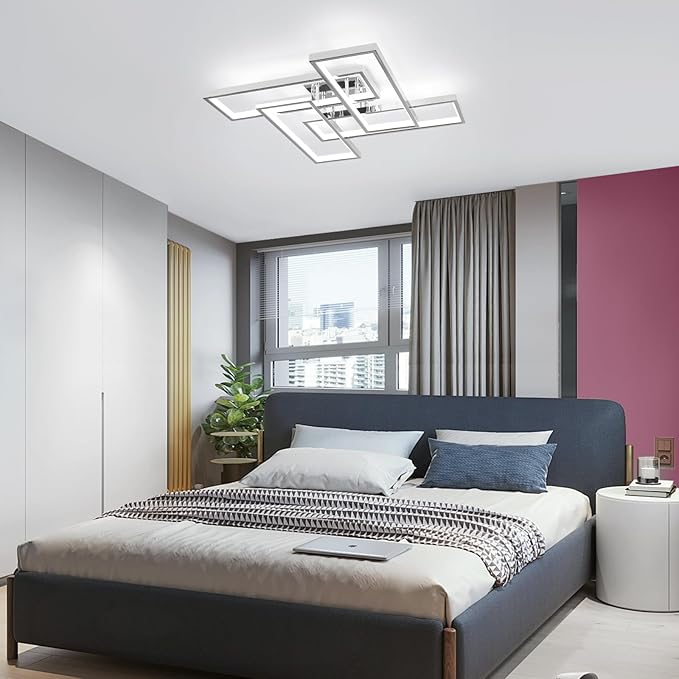 Dimmable Modern LED Ceiling Light, 4-Square Modern Ceiling Lighting for Living Room with Remote Control 26In Chrome Bedroom Ceiling Lights Fixures for Kitchen, Bathroom, Dining Room