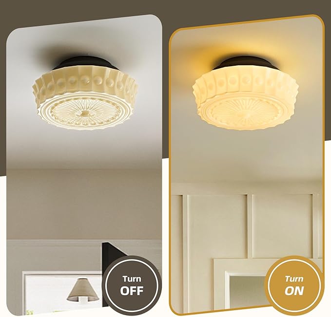 Schoolhouse Vintage Glass Ceiling Light - Small 12 Inch Cream Yellow Mid Century Modern Flush Mount Lighting Fixtures - Art Deco Lamp for Bedroom Kitchen Entryway Laundry Hallway Foyer Bathroom Hall