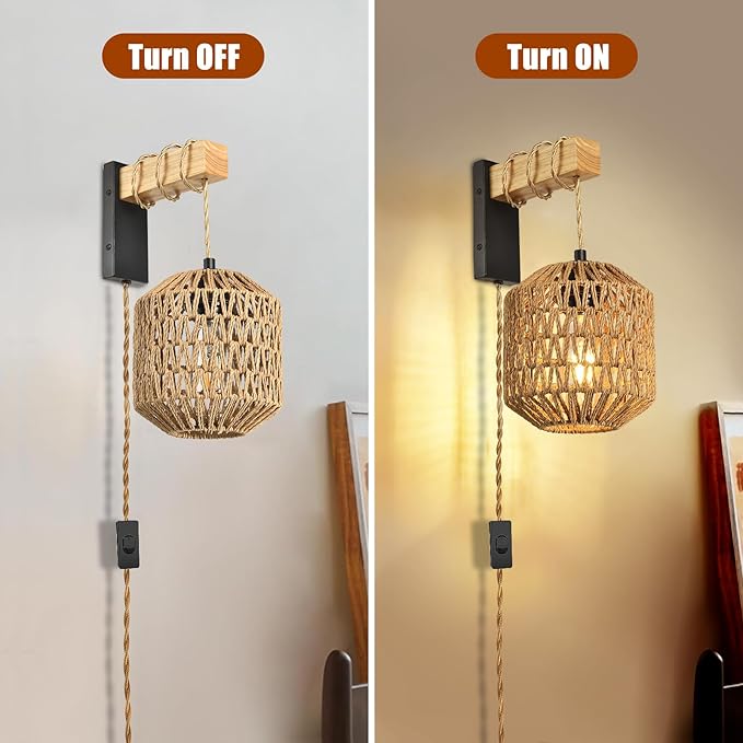 Boho Plug in Wall Sconces Set of Two,Vintage sconces wall Lighting for Bedroom Living Room Farmhouse Rattan Shade -Black