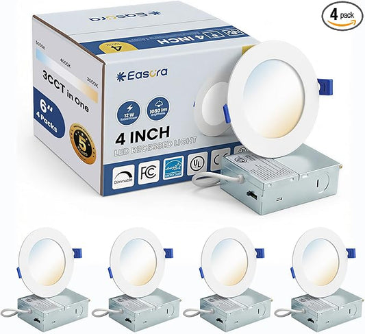 Recessed Lighting 4 Inch 4Packs, 5CCT 2700K-5000K Anti-Glare LED Can Lights, 9W 750LM High Brightness Dimmable Recessed Lights, Easy-to-Install Wafer Light with Junction Box, ETL & FCC & IC