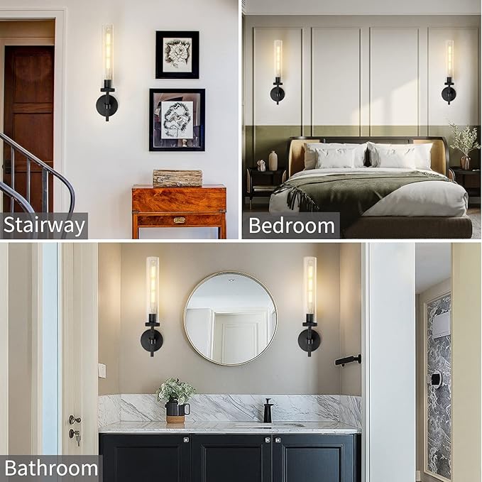 Modern Black Wall Sconces Bathroom Vanity Light Fixtures, Glass Tube Wall Sconces Set of Two, sconces wall lighting indoors, Wall Lights for Mirror, Living Room, Bedroom, Hallway (including bulb)