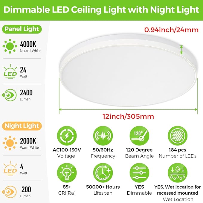 SunRider LED Flush Mount Ceiling Light Fixture with Night Light, 4000K Neutral White, 12 Inch 24W 2400LM Round Dimmable Flat Ceiling Lamp for Bathroom