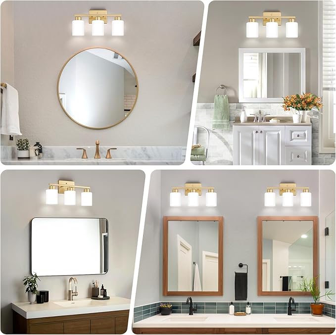 FonmYim Gold Bathroom Light Fixtures, 3-Light Modern Vanity Light Over Mirror, Wall Sconces with Milky White Frosted Glass Shades, E26 Socket (Bulbs Not Included)